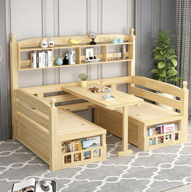 Canapé-lit en bois massif avec bureau et étagère à livres