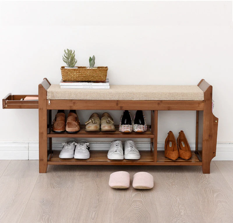Banc à chaussures en bambou à 2 niveaux avec coussin amovible et tiroir invisible et support de rangement pour parapluie latéral