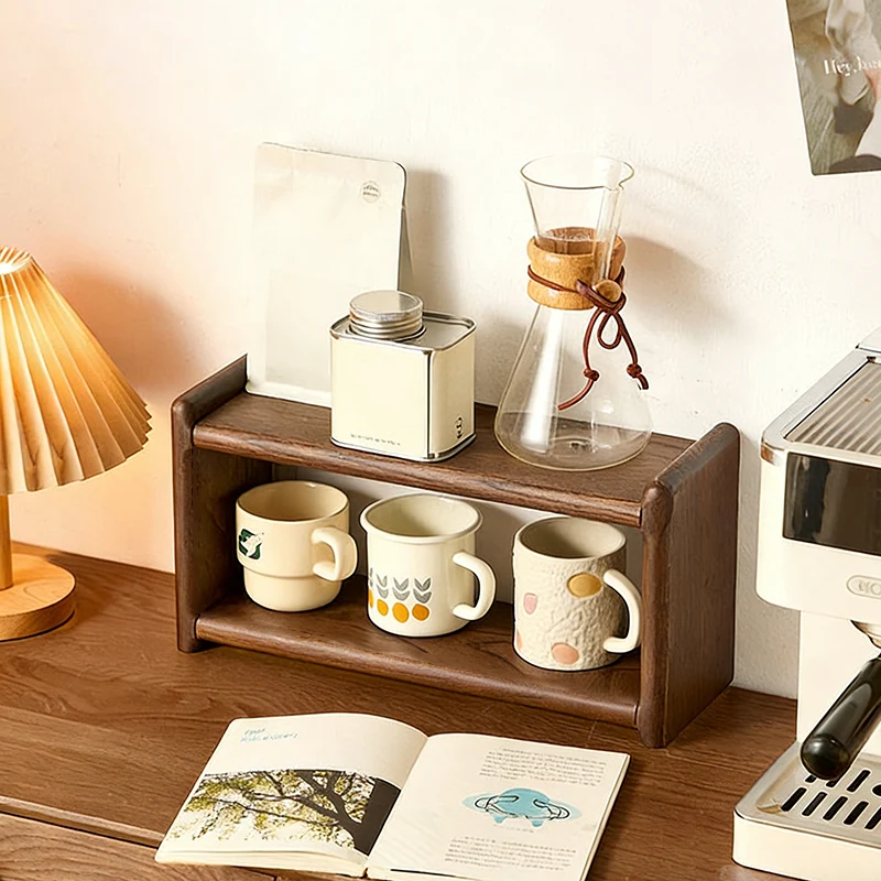 Contemporary Retro Elm Wood Rectangular Desktop Storage Shelf 2-Tier For Tea Sets & Coffee Cups For Living Room & Dining Room