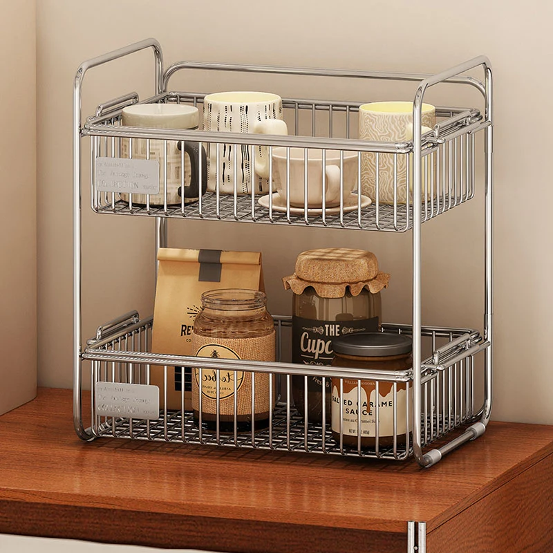 Modern Minimalist Stainless Steel Rectangular Removable Desktop Storage Shelf 2-Tier For Dining Room & Living Room