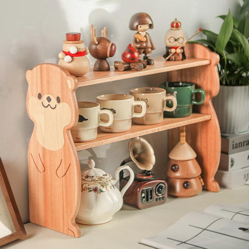 Contemporary Creative Rosewood Maple Otter-Shaped Rectangular Desktop Storage Shelf 2-Tier For Living Room & Entryway