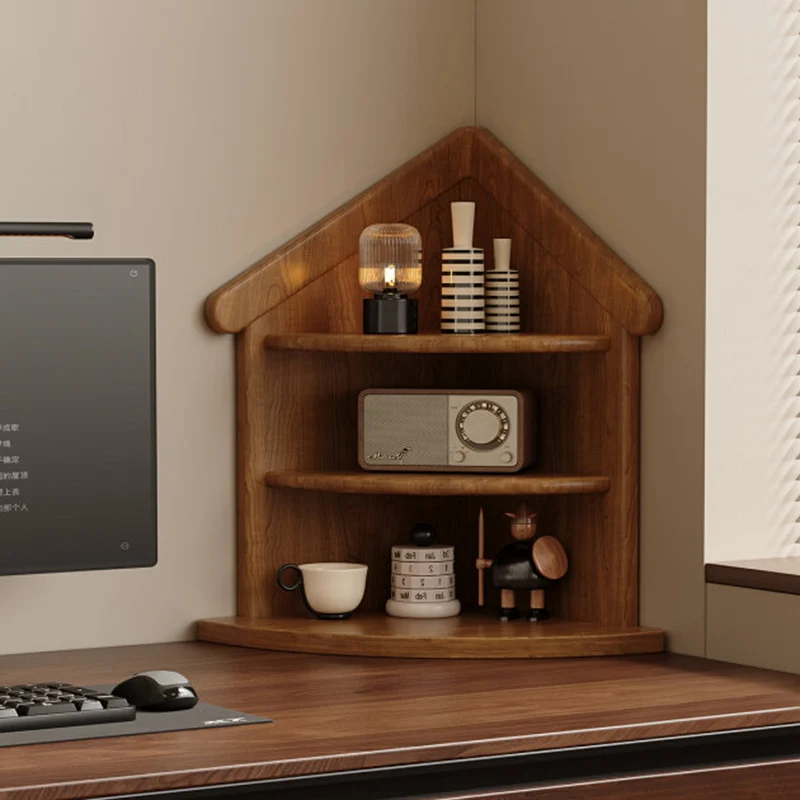 Contemporary Retro Rubberwood House-shape Fan-shaped Desktop Storage Shelf 3-Tier Corner Organizer For Living Room & Entryway