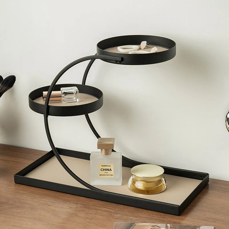 Contemporary Nordic PU Leather Iron Rectangular Round Desktop Storage Shelf 3-Tier For Living Room & Entryway