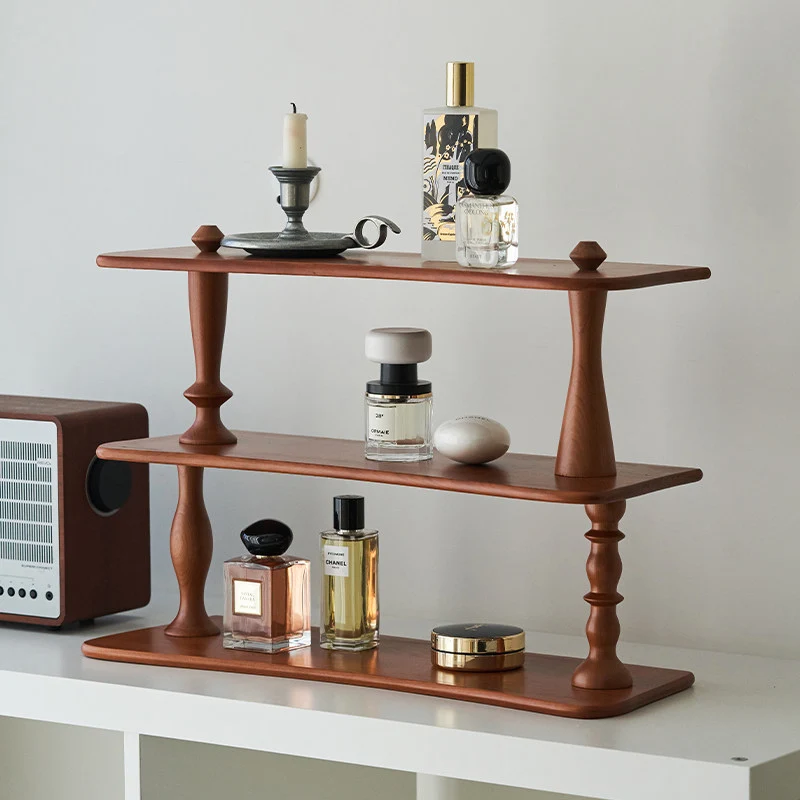 Contemporary Retro Cherry Wood Rectangular Wave-shaped Desktop Storage Shelf 3-Tier For Living Room & Entryway