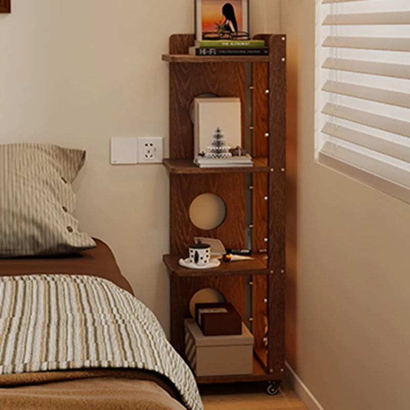 Modern Mid-Century Rectangular Rubberwood Movable Floor-Standing Corner Storage Shelf 4-Tier For Living Room & Bedroom