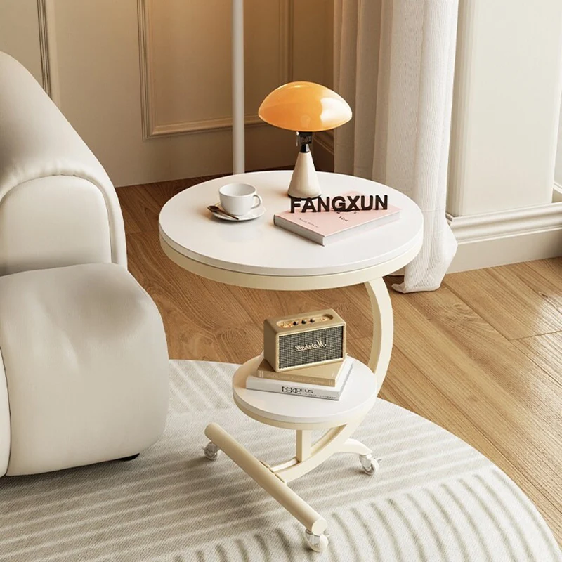 Modern Minimalist Rock Slab Carbon Steel Round Movable End Table 2-Tier For Living Room