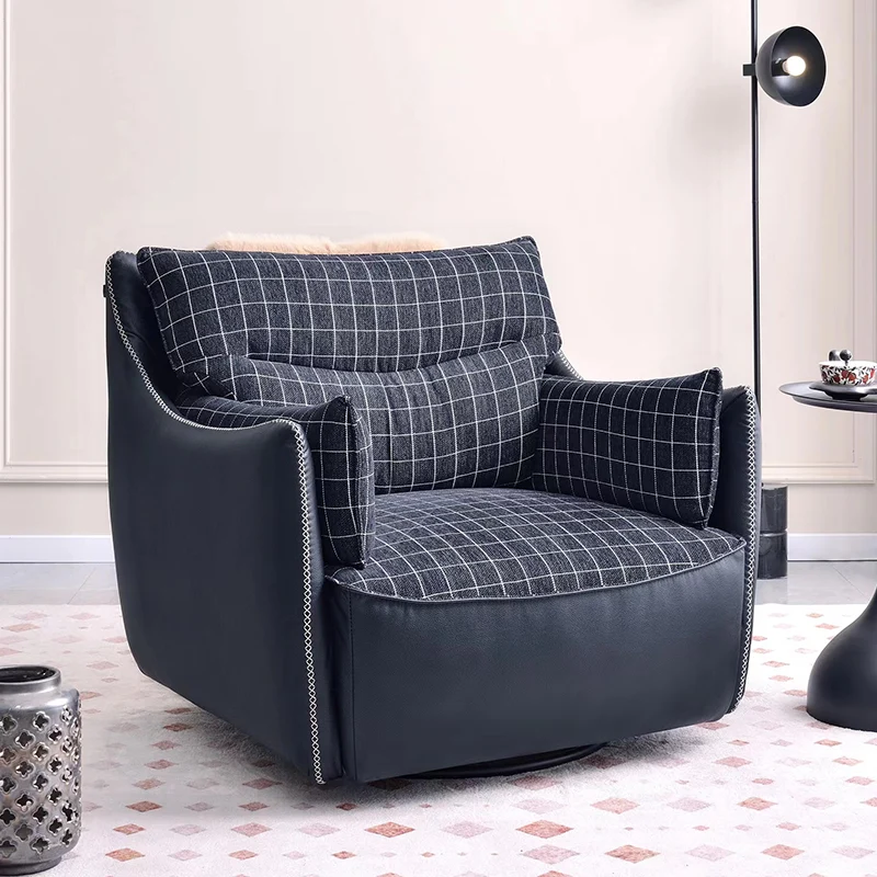 Contemporary Scandinavian Cotton-Linen Upholstery Accent Chair: Eco-Friendly Faux Leather Cover - 360° Swivel Single-Seater Sofa For Living Room