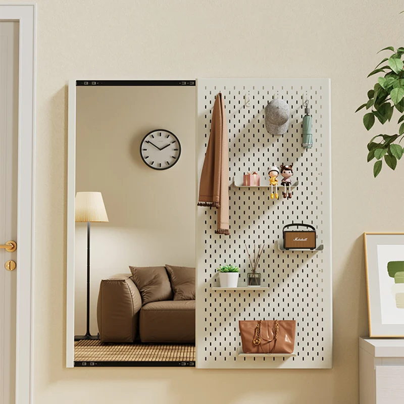 Modern Minimalist Metal & Glass Sliding Full-Length Wall Mirror With Pegboard Storage Wall-Mounted Entryway Dressing Mirror