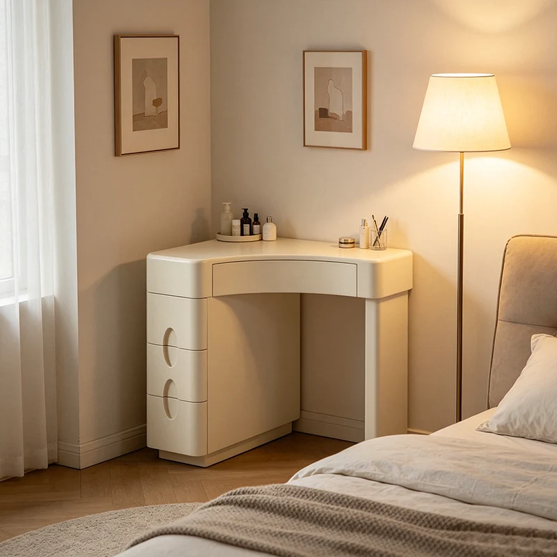 Cream White L-Shaped Corner Vanity Desk: 4-Storage Drawer - Contemporary Nordic Makeup Vanity For Bedroom