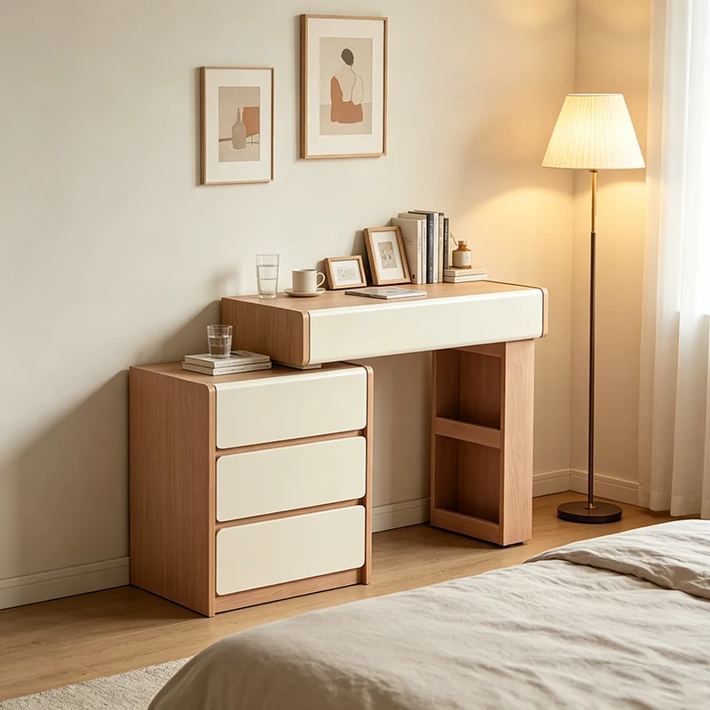 Contemporary Scandinavian Makeup Vanity Desk: 4/5/8-Drawer Storage - Wood Finish Extendable Dressing Table For Bedroom