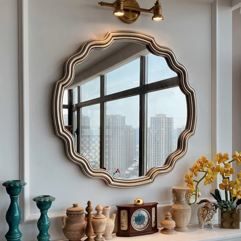 Traditional European Polyurethane Glass Round Wave-shaped Wall Mirror For Living Room & Bathroom & Bedroom