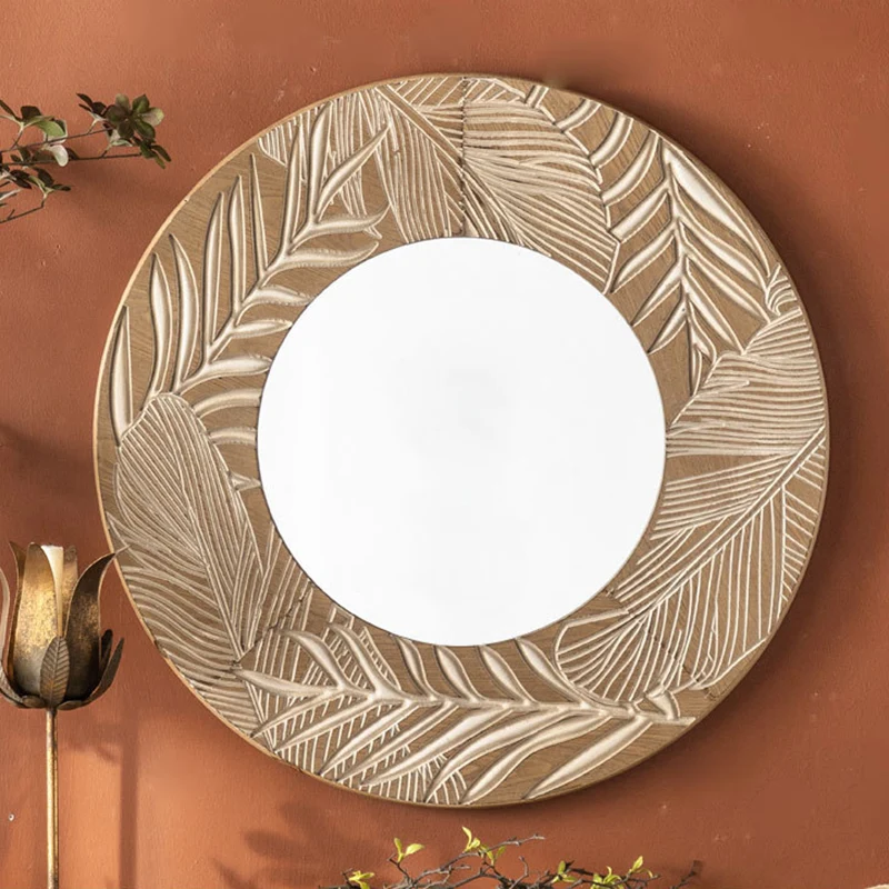 Contemporary Coastal Pine Wood Glass Round Wall Mirror For Living Room