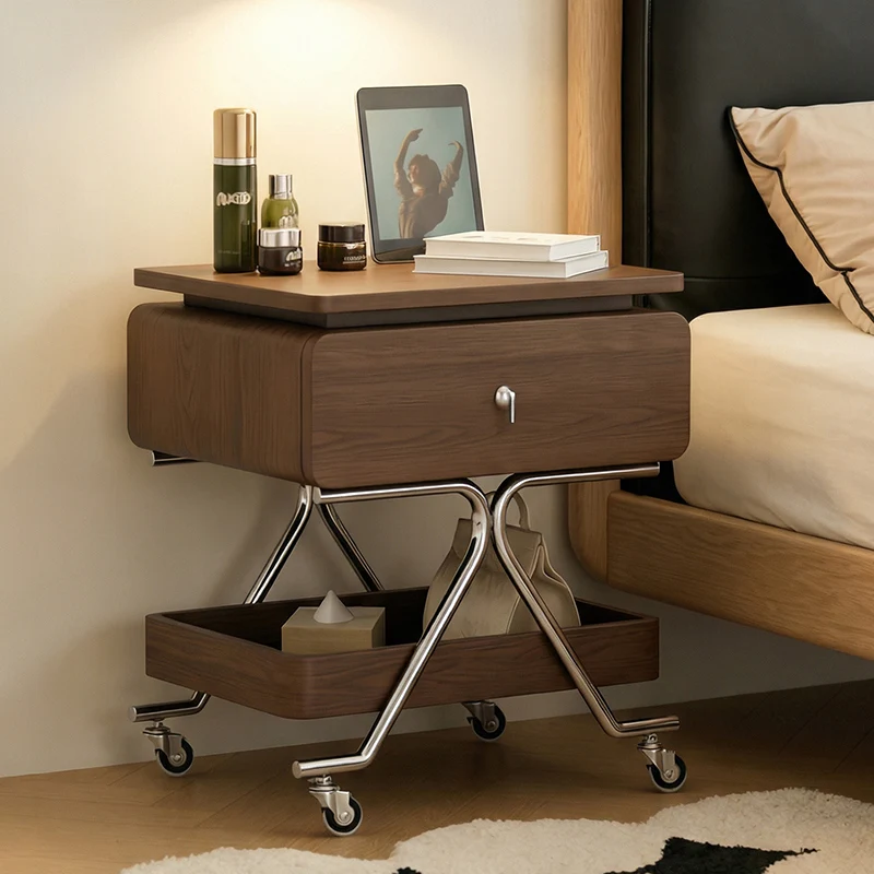 Contemporary Industrial Plywood Stainless Steel Faux Leather Rectangular Movable End Table 1-Drawer For Living Room & Bedroom