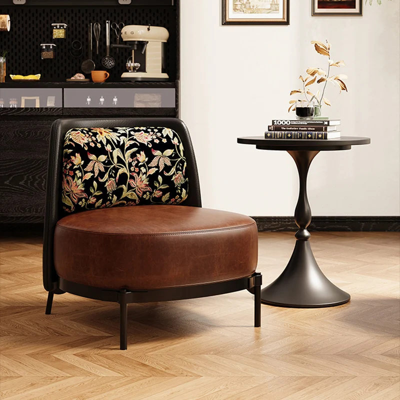 Contemporary Retro Carbon Steel Faux Leather & Linen Rounded Accent Chair With Backrest For Living Room