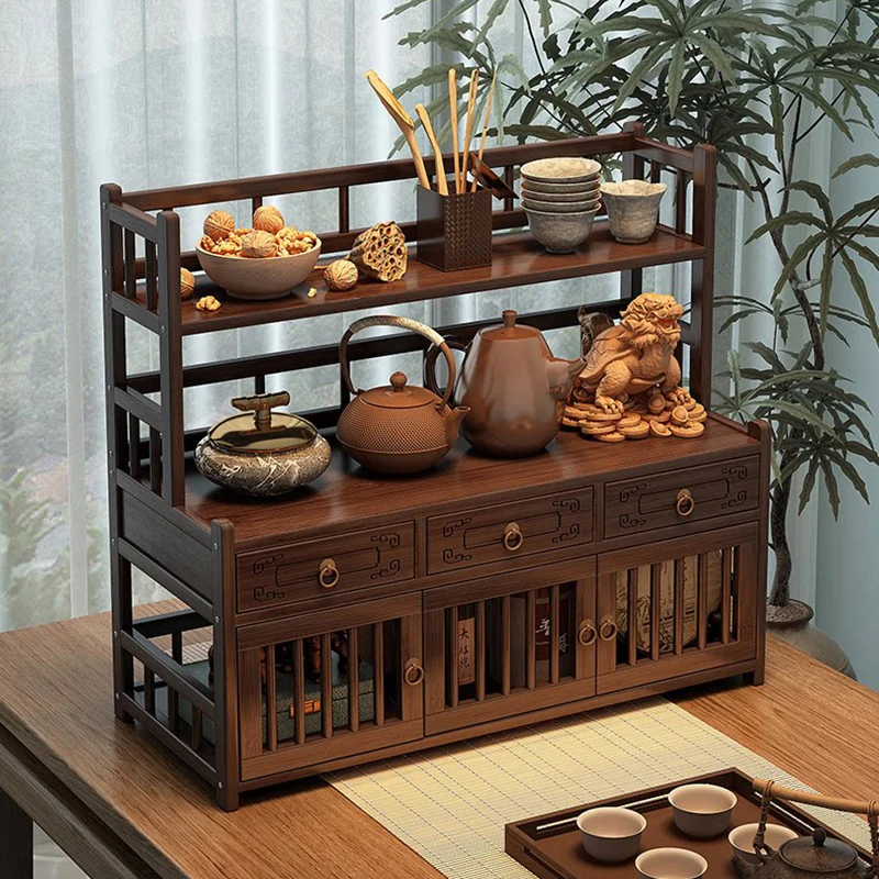 Traditional Chinese Nan Bamboo MDF Rectangular Desktop Storage Shelf 3-Drawer For Living Room