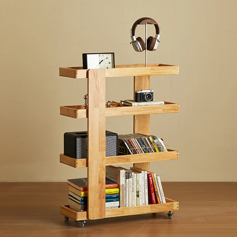 Traditional Japanese Rubberwood Solid Wood Rectangular Movable Storage Shelf 4-Tier For Living Room