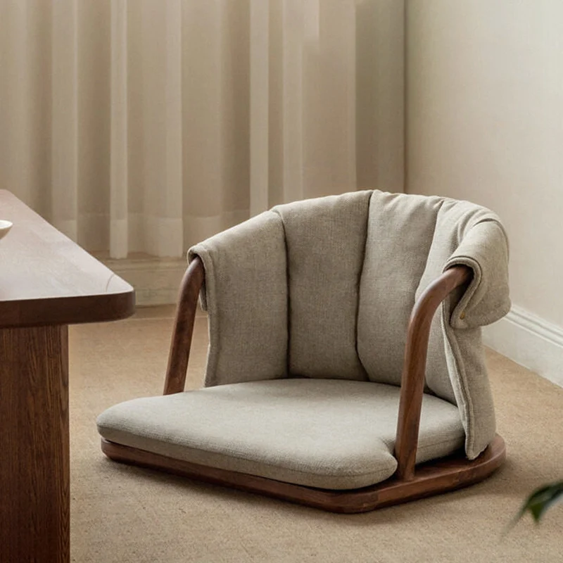 Traditional Chinese Solid Wood Linen Low Accent Chair With Rounded Arms Cushioned Seat & Backrest For Living Room & Bedroom