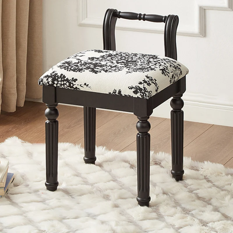 Traditional French Ash Wood & Microfiber Leather Fabric Roman Column Vanity Stool With Backrest For Bedroom