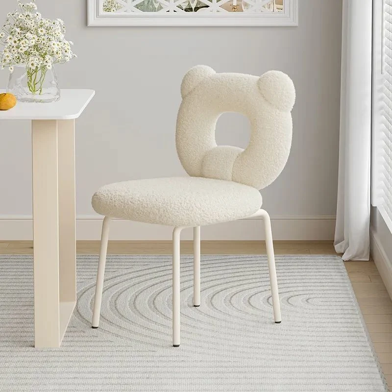 Modern Minimalist Round Bear Sherpa Fabric Carbon Steel Vanity Stool Backrest For Bedroom