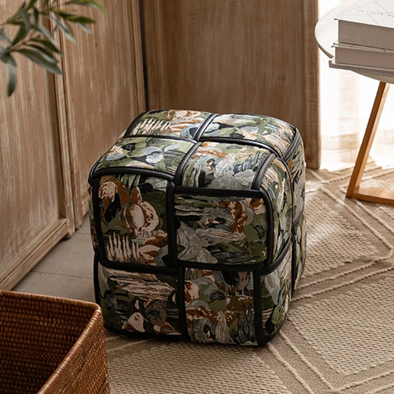 Traditional French Chenille Sponge Pine Wood Square Lightweight Low Stool Backless Armless For Living Room