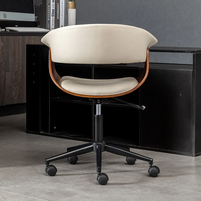 Modern Minimalist PU Leather Plywood Stainless Steel Iron Curved Ergonomic Adjustable Height Swivel Desk Chair With Backrest & Wheels For Home Office