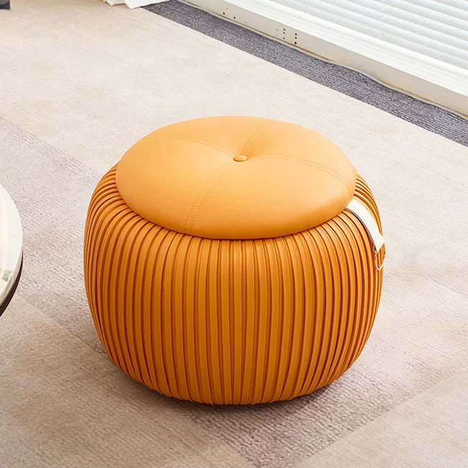 Contemporary Scandinavian Faux Leather Sponge Plywood Pumpkin-Shaped Multi-Use Storage Low Stool Backless Armless For Living Room & Entryway