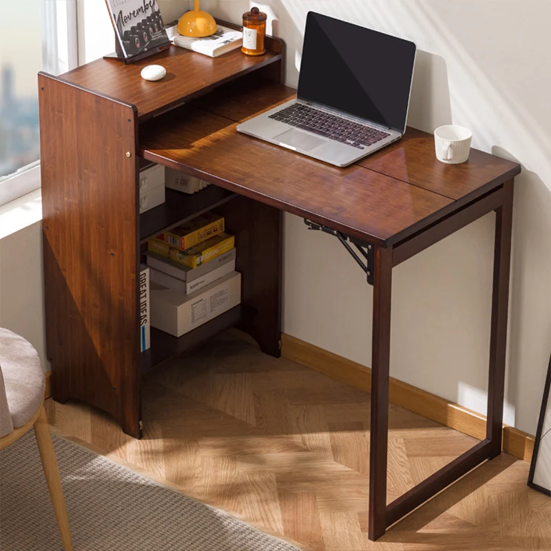 Traditional Vintage Bamboo MDF Foldable Rectangular Kid Study Desk With 3-Tier For Living Room