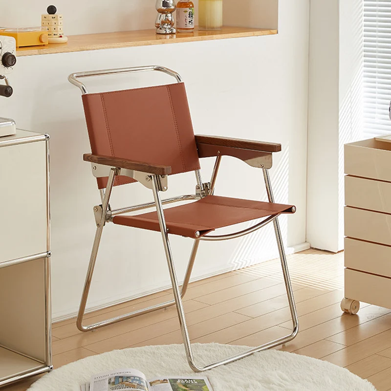 Contemporary Scandinavian Triangular Rectangular Stainless Steel Saddle-Style Faux Leather Foldable Dining Chair Armrests Backrest For Dining Room