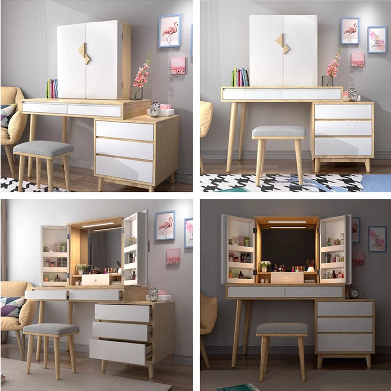 Grand ensemble de coiffeuse avec miroir, lumière et tabouret à coussins