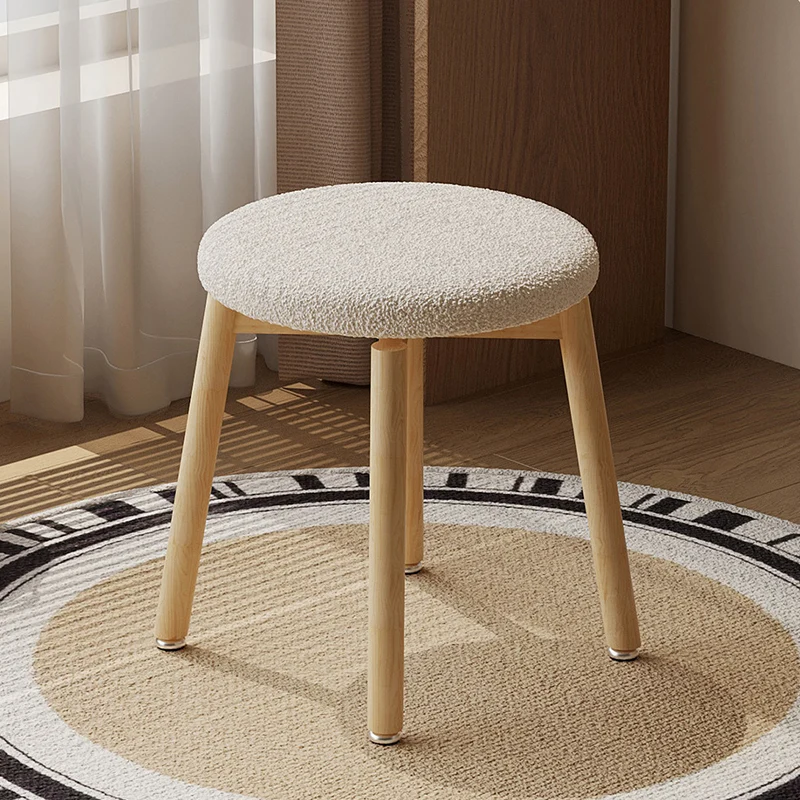 Contemporary Nordic Sherpa Fabric Beech Wood Round Rotatable Lightweight Vanity Stool Backless Armless For Living Room & Bedroom