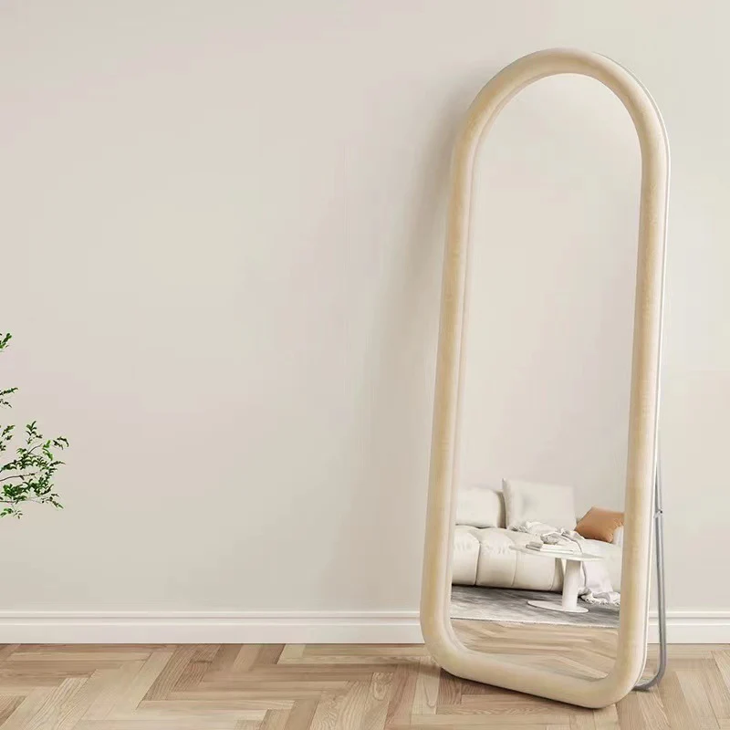 Contemporary Scandinavian Rounded Rectangle Glass MDF Velvet Fabric Full-Length Floor Mirror For Bedroom