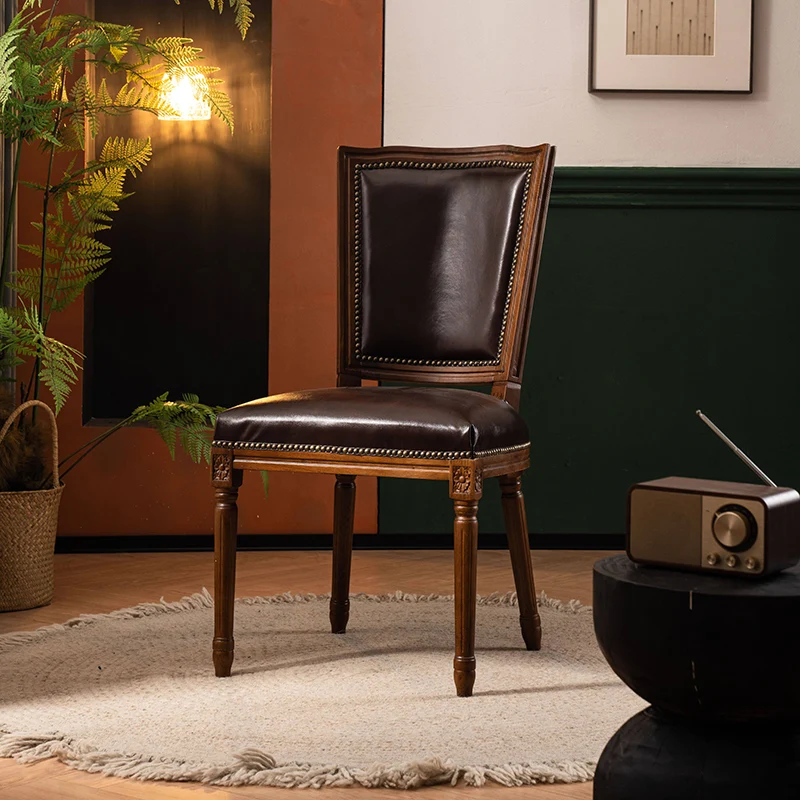 Traditional European Trapezoid Faux Leather Top Grain Leather Contact Surface Backrest Armrest Dining Chair For Dining Room