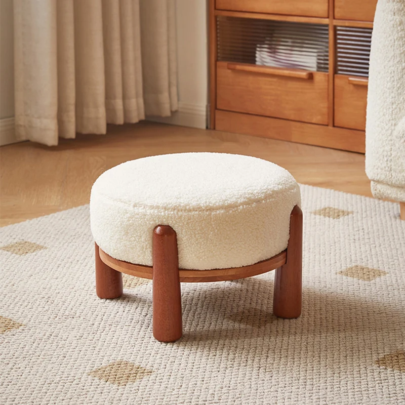 Contemporary Nordic Soft Skin-Friendly Corduroy Sherpa Fabric Solid Wood Sponge Round Pouf Low Stool Backless Armless For Entryway & Hallway