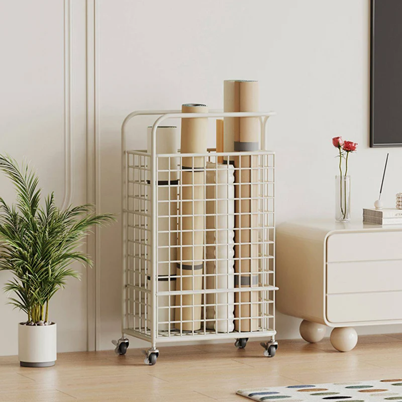 Modern Minimalist Iron Hollow Rectangular Movable Storage Shelf 1-Basket For Living Room