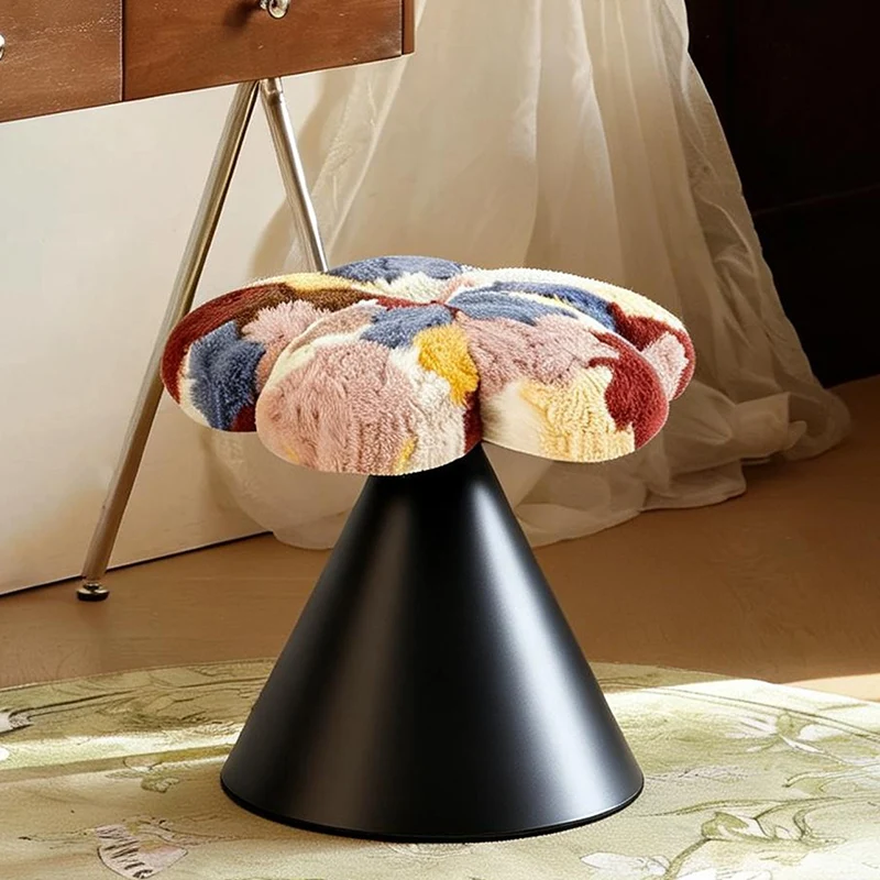Traditional French Faux Rabbit Fur Carbon Steel Petal Tapered Rotatable Vanity Stool Backless Armless For Bedroom
