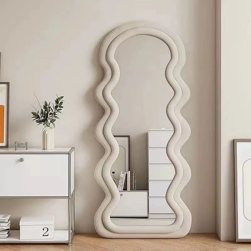 Contemporary Nordic MDF Velvet Glass Carbon Steel Oval Wave-Shaped Full-Length Floor Mirror Anti-Explosion & Anti-Tip Design For Living Room & Bedroom