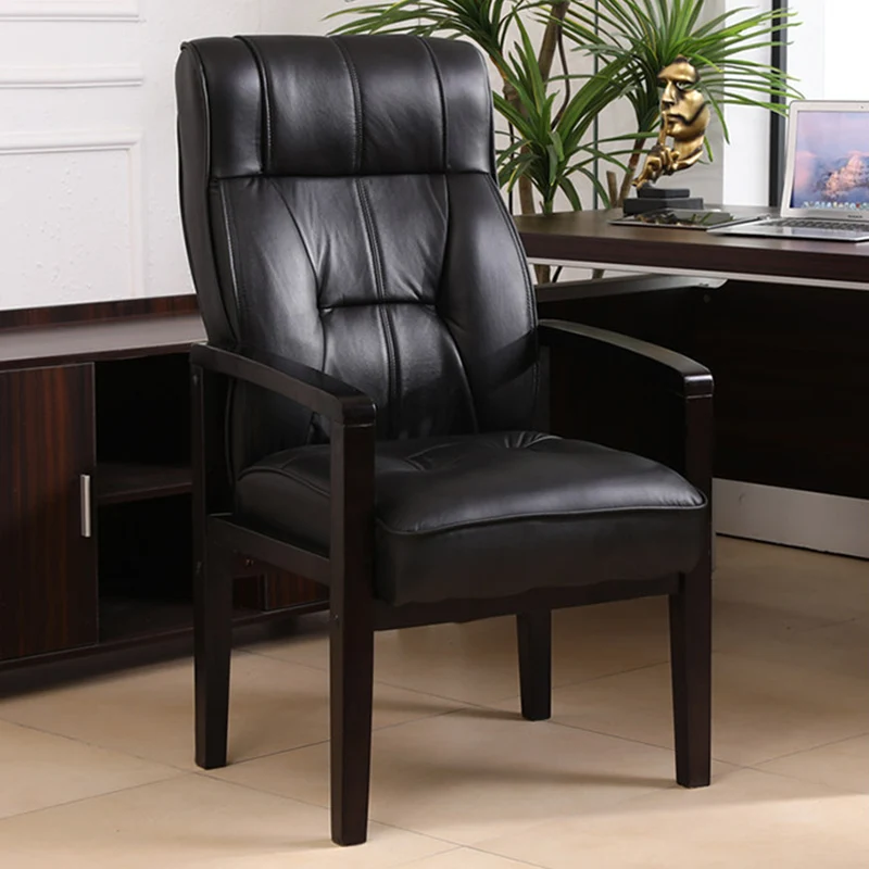 Traditional Chinese Rectangular PU Leather Top Grain Leather Contact Surface Rubberwood Desk Chair Backrest Armrest For Home Office