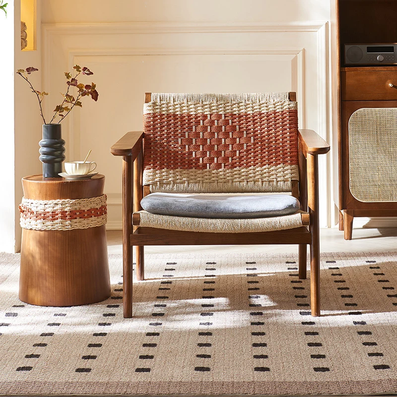 Modern Mid-Century Solid Wood PE Woven Arm Accent Chair With Backrest For Living Room