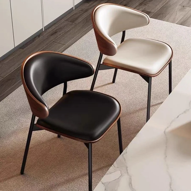 Modern Minimalist Square Curved Panel Seat PU Leather Faux Sheet Iron Dining Chair Backrest For Dining Room