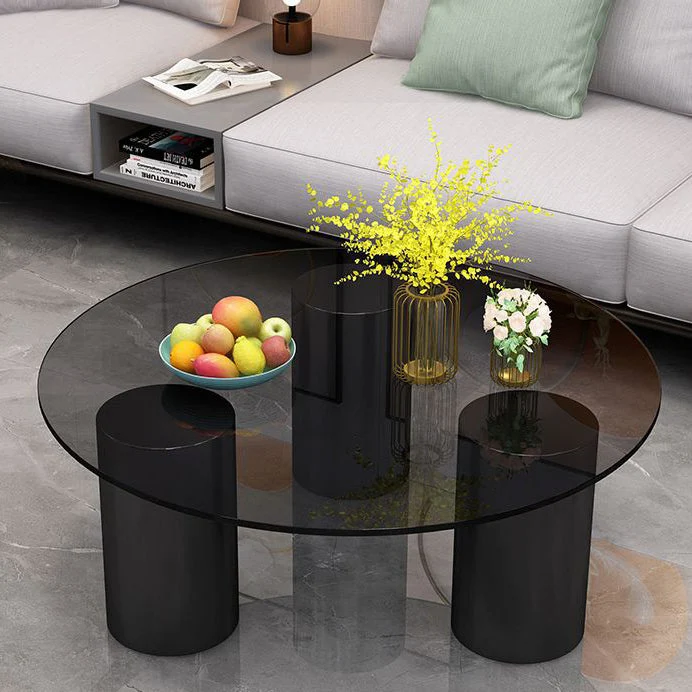 Modern Minimalist Round Column Sintered Stone Glass Steel Frame End Table 1-Tier For Living Room