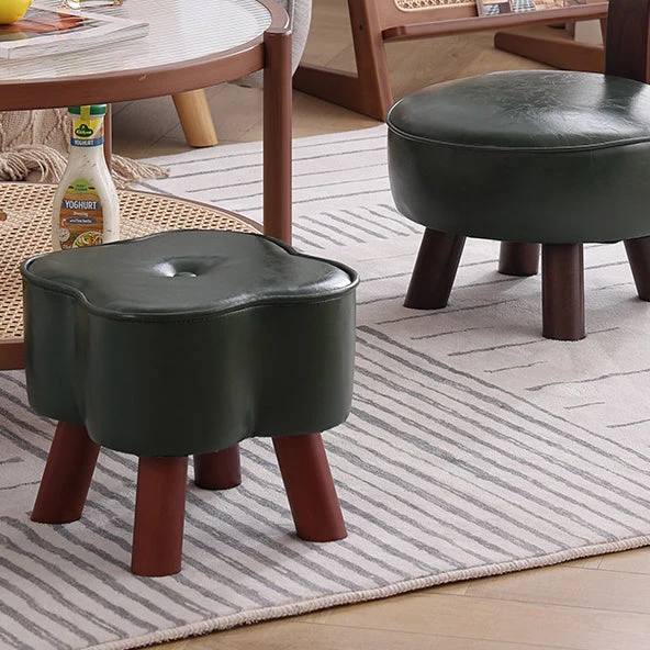Modern Art Deco Clover Round Oil Wax Leather Pine Wood Footstool Backless Armless For Living Room
