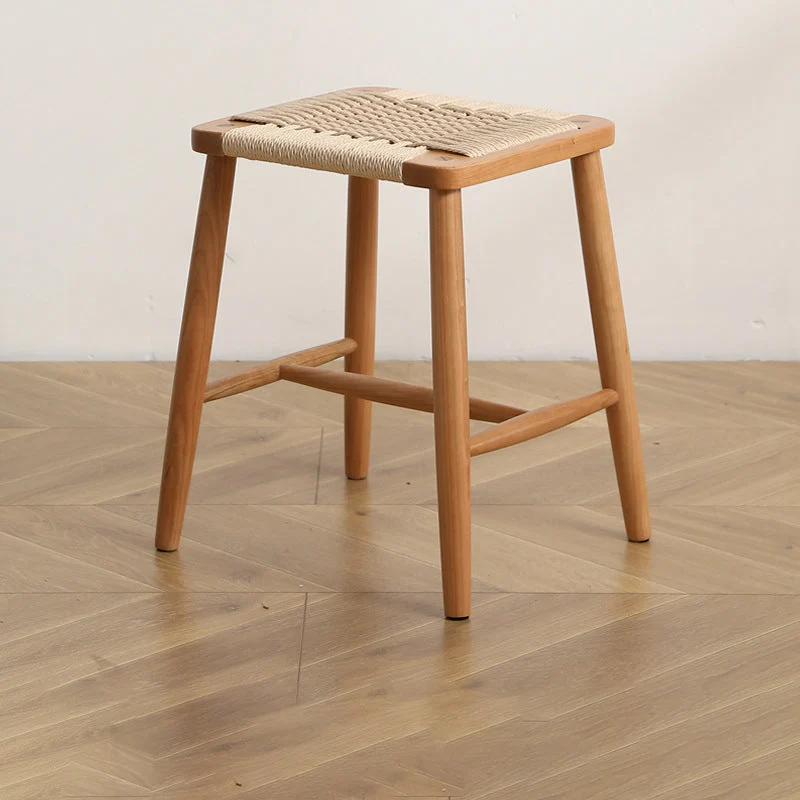 Traditional Japanese Rectangular Kraft Paper Rope Rubberwood Bar Stool For Dining Room
