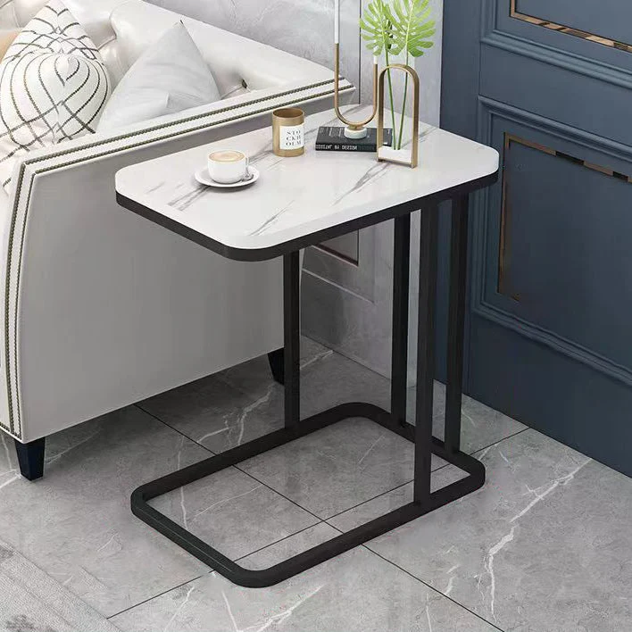 Modern Minimalist Rectangular Round Corner Marble Grain MDF Iron Frame End Table 1/2 Tier For Living Room