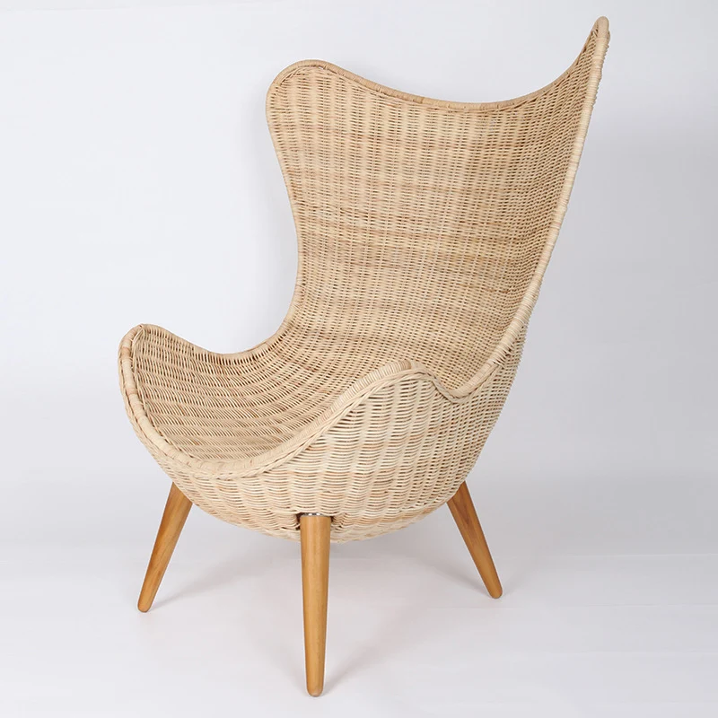 Contemporary Nordic Handwoven Rattan Weaving Solid Wood Legs Accent Chair With High Backrest - Lounge Chair For Indoor & Outdoor Living