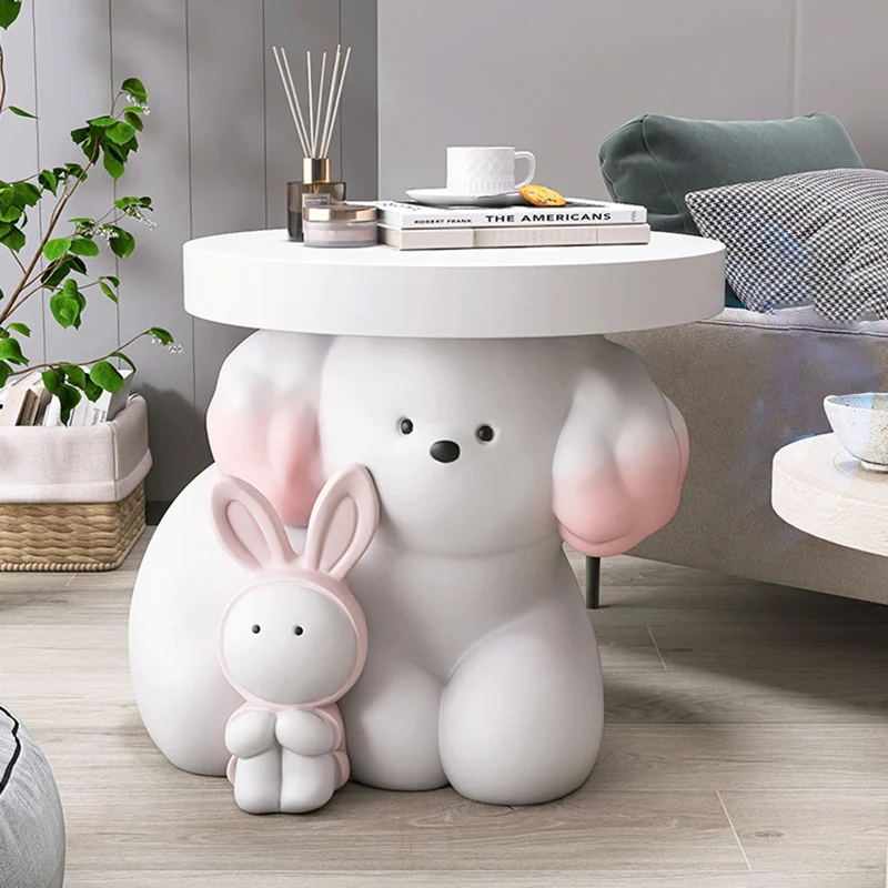 Modern Art Deco Resin Dog & Rabbit-Shaped Round End Table With 1-Tier For Living Room