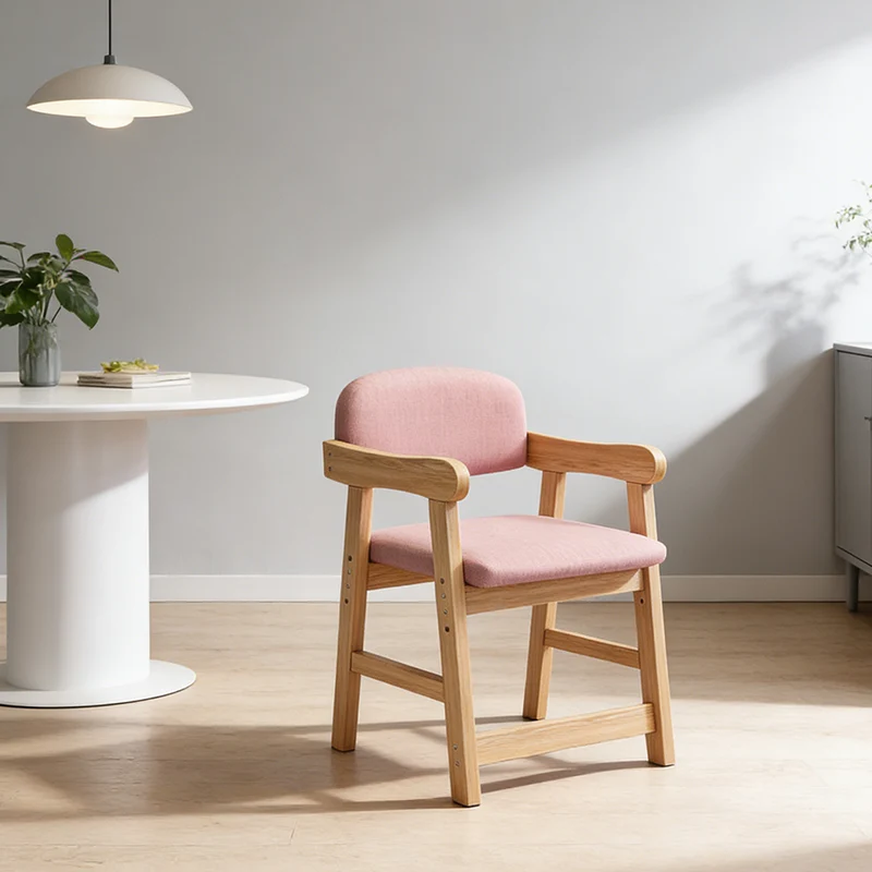 Modern Minimalist Rectangular Cushion Cotton-Linen Blend Solid Wood Sponge Kids' Dining Chair Backrest Armrest Adjustable For Dining Room
