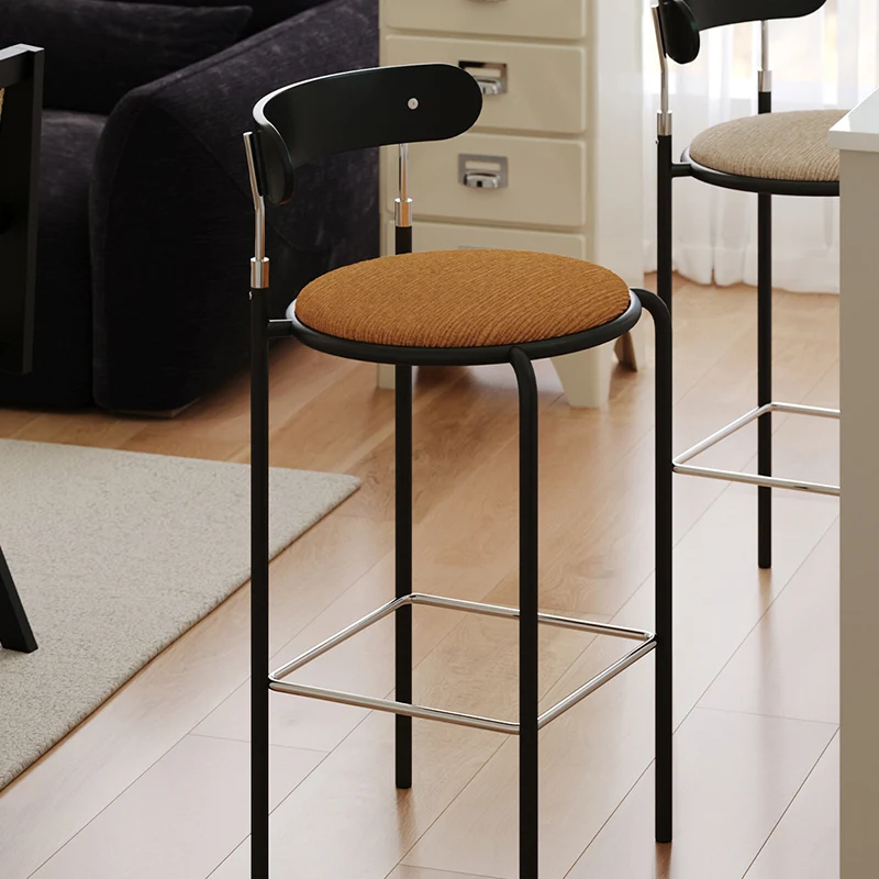 Modern Minimalist Round Wrought Iron Plywood Fabric Bar Stool Backrest Footrest For Dining Room