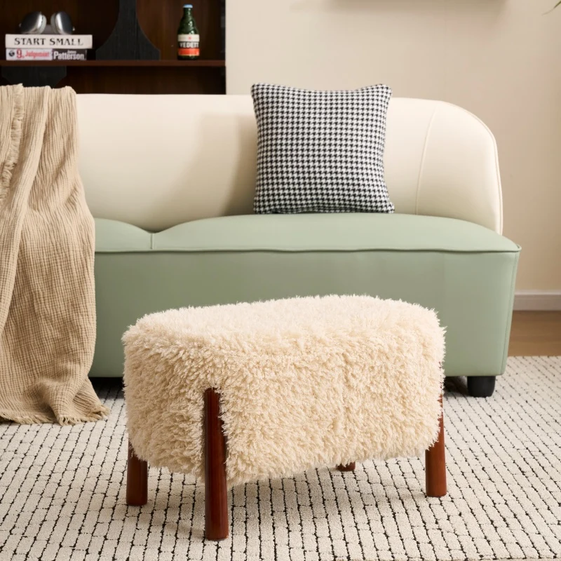 Contemporary Nordic Rectangular Sherpa Fabric Oak Wood Low Stool Backless Armless For Living Room