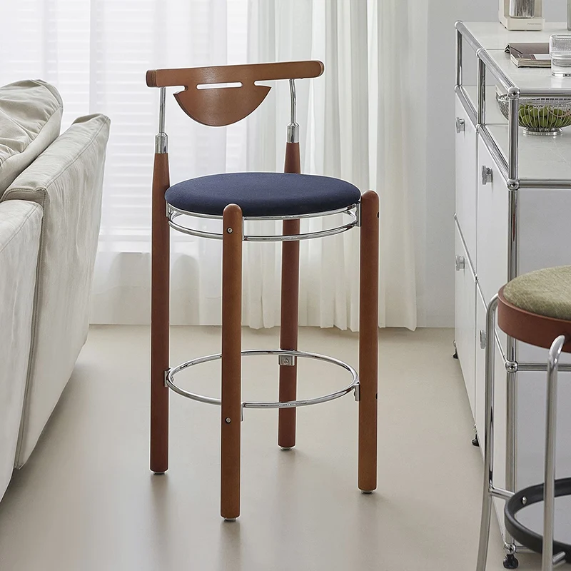Modern Minimalist Round Solid Wood Plywood Wrought Iron Bar Stool With Backrest Footrest - Beech Wood Legs, Upholstered Sponge Cushions For Dining Room & Kitchen