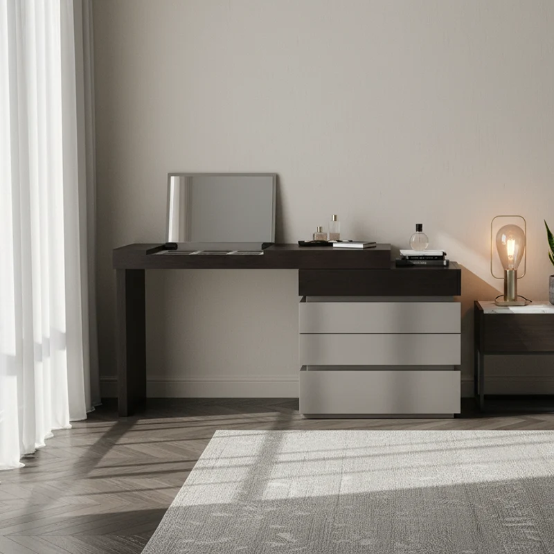 Modern Minimalist Rectangular Makeup Vanity - Multi-layer Solid Wood Board: Sturdy Load-Bearing, Eco-Friendly, Natural Clear Grain, Efficient Classified Storage, Space-Saving & Easy-Clean Surface For Living Room & Bedroom